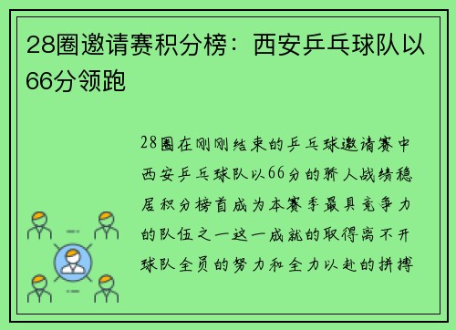 28圈邀请赛积分榜：西安乒乓球队以66分领跑
