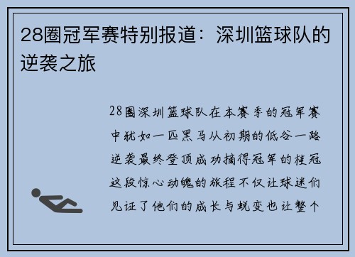 28圈冠军赛特别报道：深圳篮球队的逆袭之旅