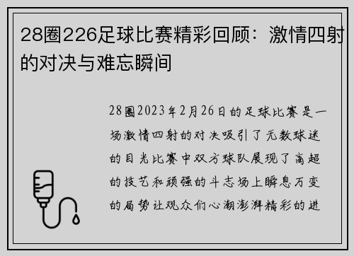 28圈226足球比赛精彩回顾：激情四射的对决与难忘瞬间