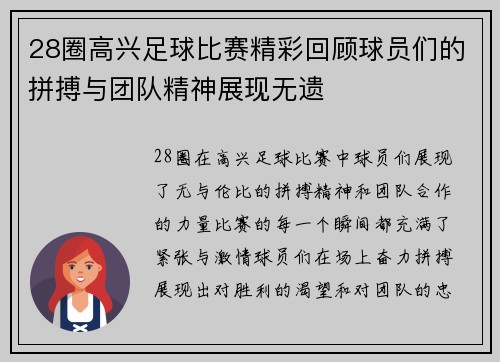 28圈高兴足球比赛精彩回顾球员们的拼搏与团队精神展现无遗