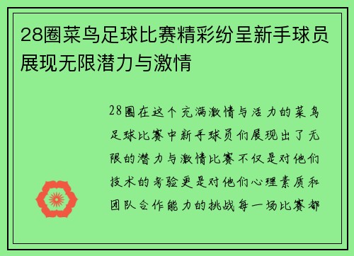 28圈菜鸟足球比赛精彩纷呈新手球员展现无限潜力与激情