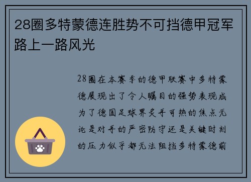 28圈多特蒙德连胜势不可挡德甲冠军路上一路风光