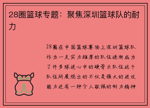 28圈篮球专题：聚焦深圳篮球队的耐力